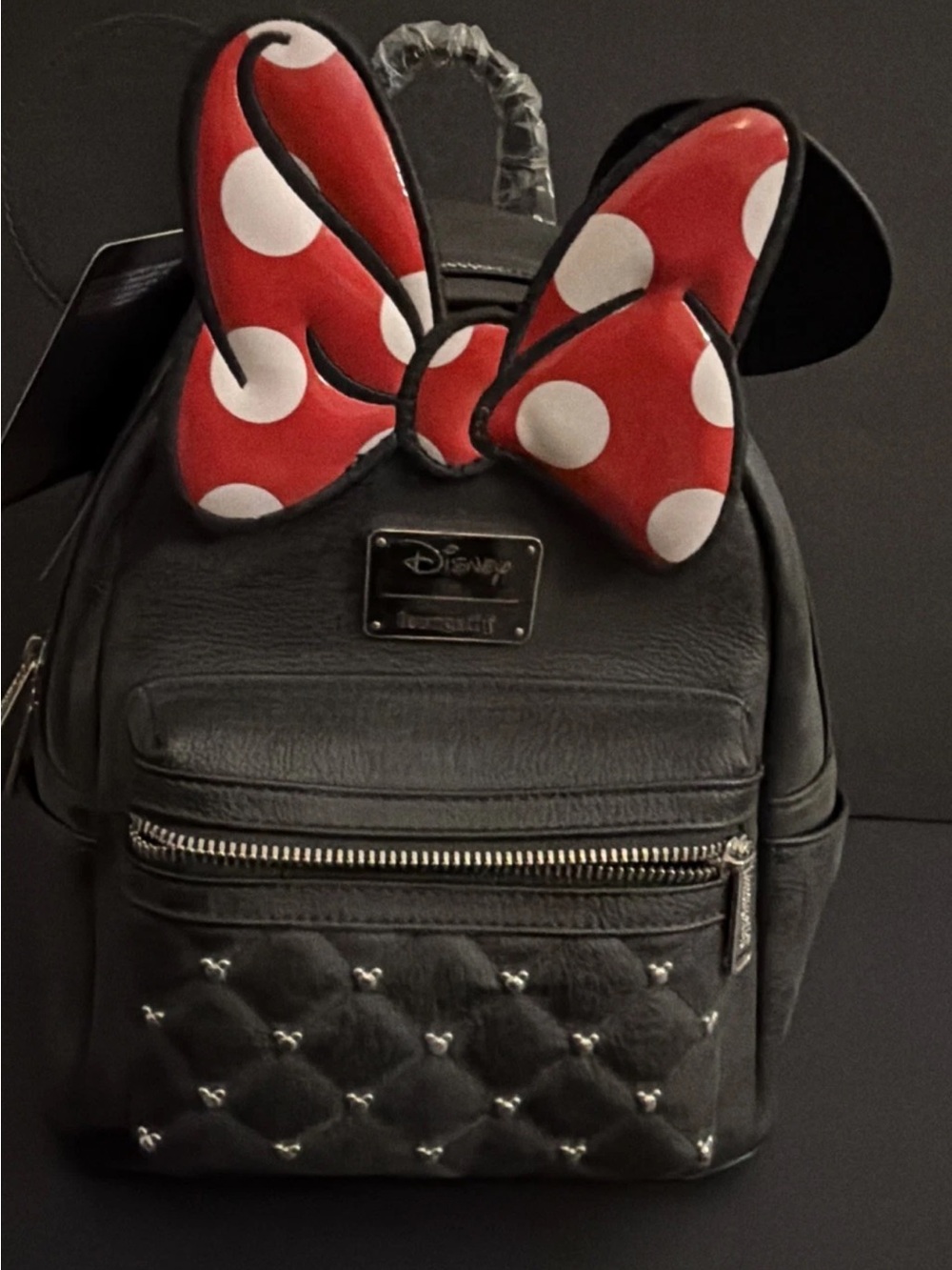 Disney Lounge Fly Black Mini Backpack with Red & White Polka Dot Bow